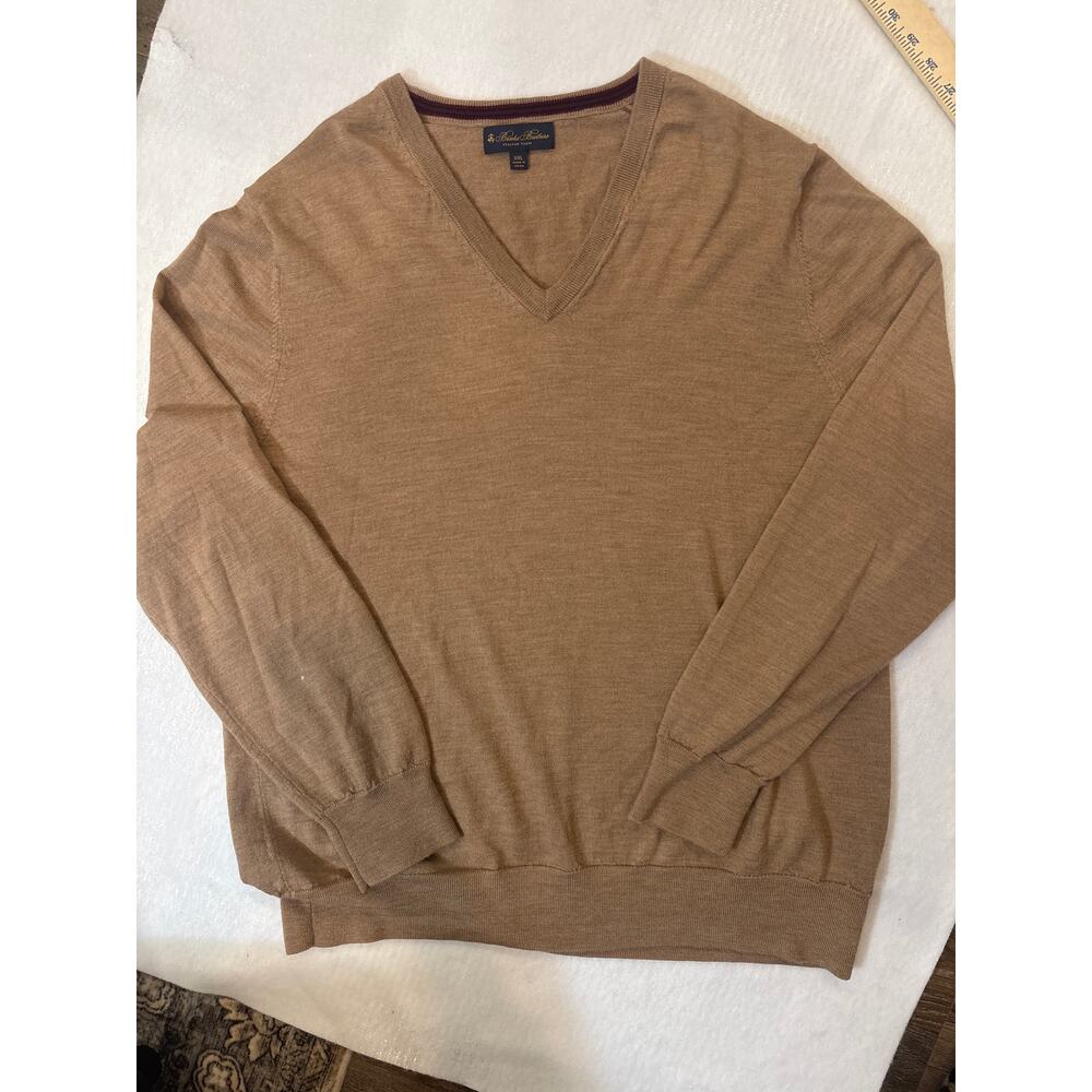 Brooks Brothers Tan‎ V neck Italian yarn 100% Merino Wool sweater 2XL Academia